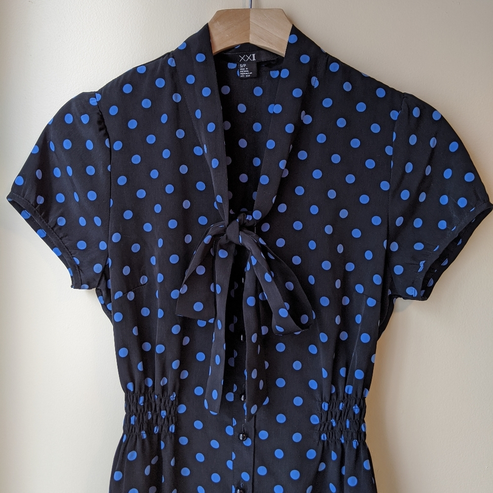 Retro Bow Black Polka Dot Button Down Dress